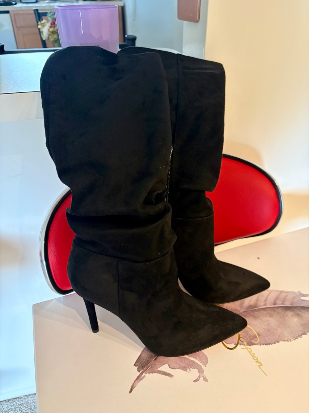 Jessica Simpson Black Suede Pointed-Toe Slouch Heel Boots